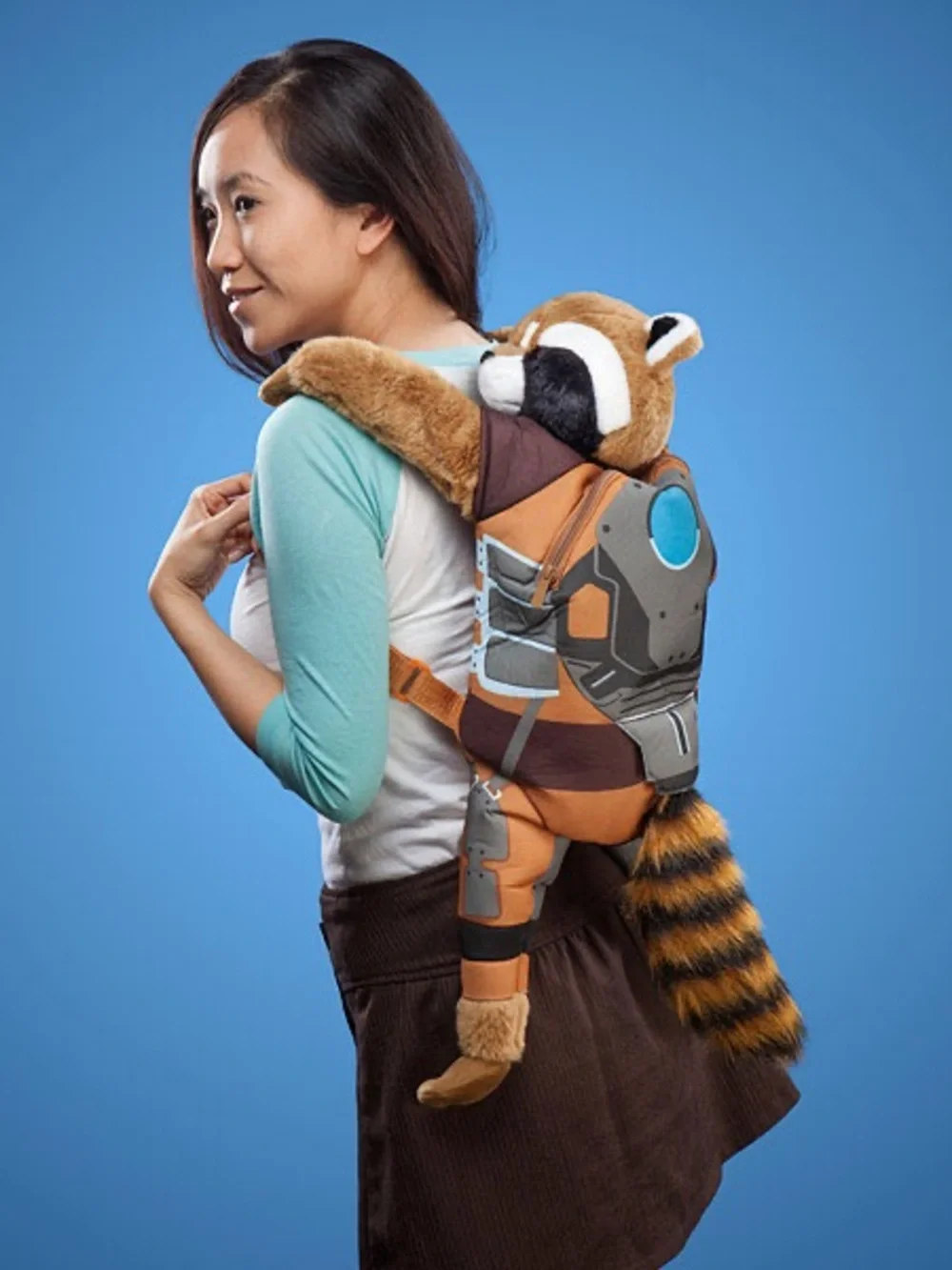 Kids Orange Rocket Raccoon Plush Backpack